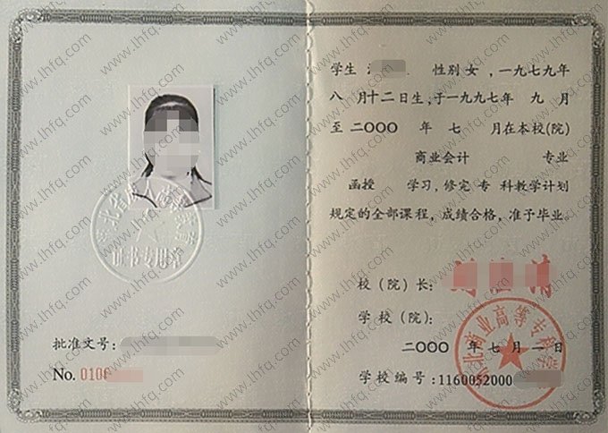 湖北商业高等专科学校2000年函授专科毕业证书样本图片（商业会计）