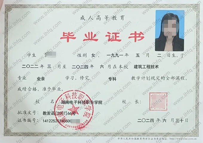 湖南电子科技职业学院2024年业余专科毕业证书样本图片（建筑工程技术）