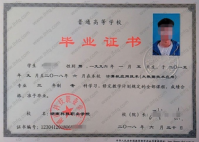 湖南科技职业学院2018年普通全日制专科毕业证书样本图片（计算机应用技术（大数据技术应用））