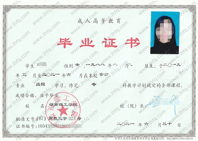 湖南理工学院2021年函授专科毕业证书样本图片（会计）