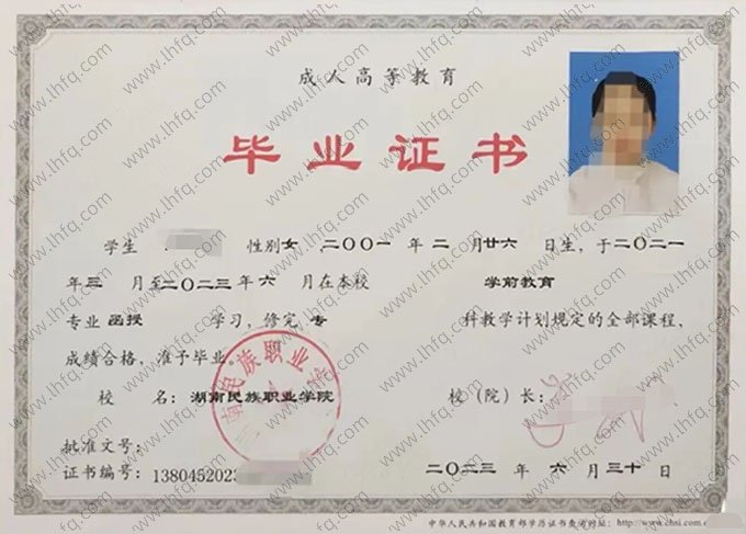 湖南民族职业学院2023年函授专科毕业证书样本图片（学前教育）