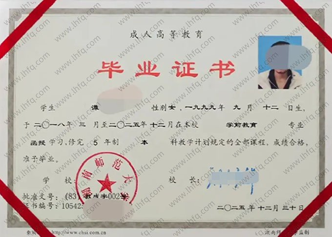 湖南师范大学2025年函授本科毕业证书样本图片（学前教育）