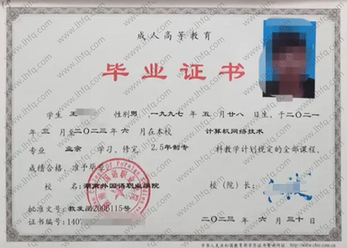 湖南外国语职业学院2023年业余专科毕业证书样本图片（计算机网络技术）