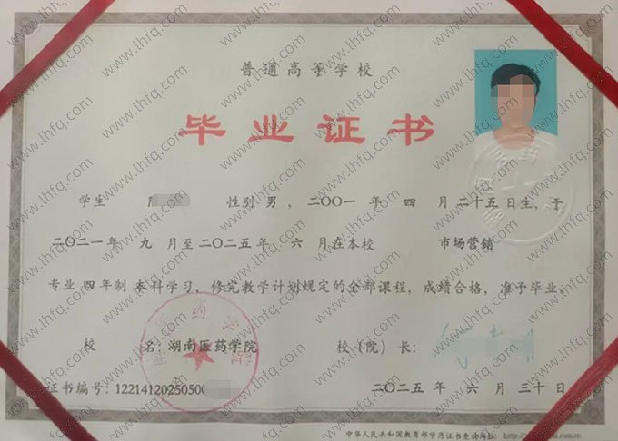 湖南医药学院2025年普通全日制本科毕业证书样本图片（市场营销）