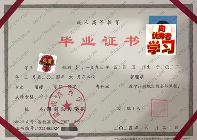 湖南医药学院2024年函授专升本科毕业证书样本图片（护理学）