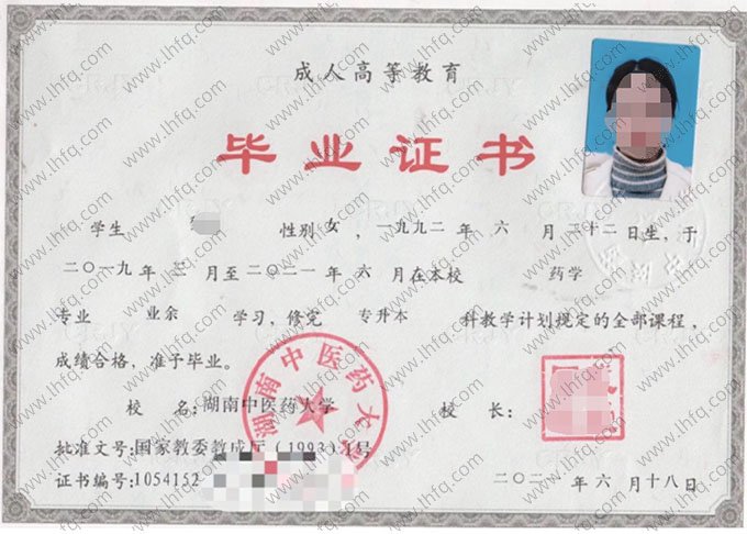 湖南中医药大学2021年业余专升本科毕业证书样本图片（药学）