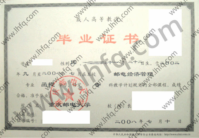 重庆邮电大学2008年成人高等教育函授专科毕业证书模板（邮电经济管理）