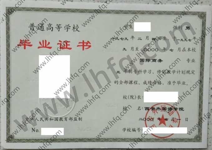 西安外国语学院2000年统招专科毕业证样板（国际商务）