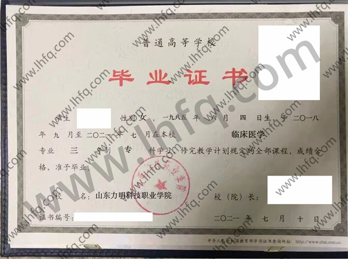 山东力明科技职业学院毕业证样本