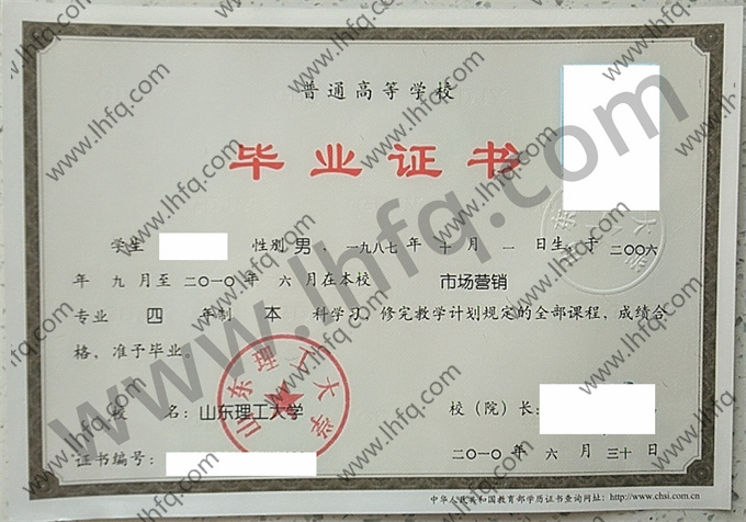 山东理工大学2010年统招本科毕业证模板（市场营销）
