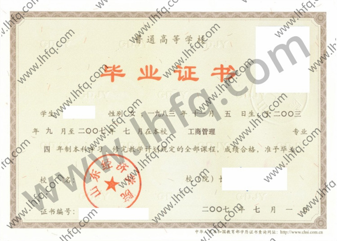 山东经济学院2007年统招本科毕业证模板（工商管理）