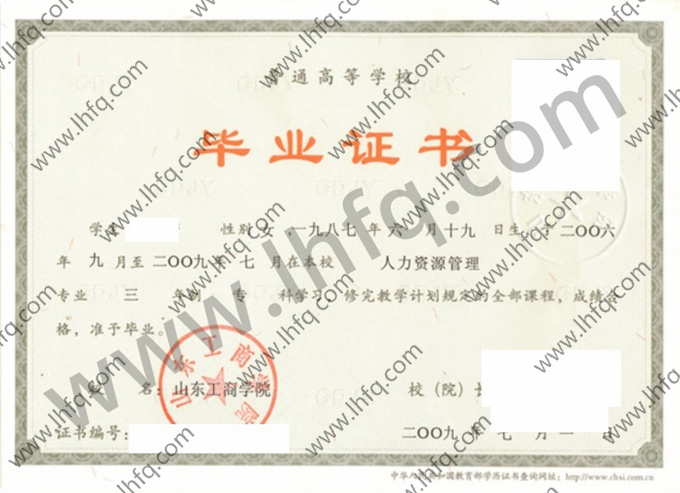 山东工商学院2009年统招专科毕业证模板（人力资源管理）