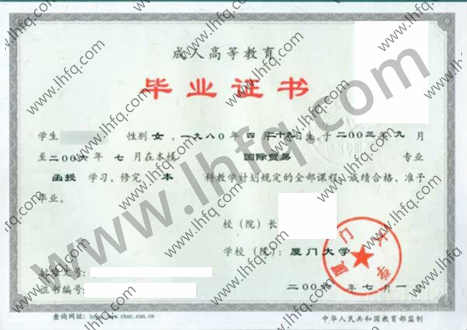 厦门大学2006年成人高等教育函授本科毕业证模板（国际贸易）