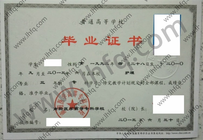 南阳医学高等专科学校2013年统招专科毕业证模板（护理）