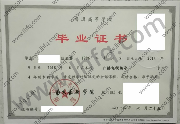 南京艺术学院2018年统招本科毕业证模板（广播电视编导）
