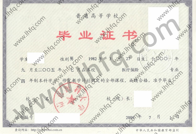 南京医科大学2005年统招本科毕业证模板（医疗保险）