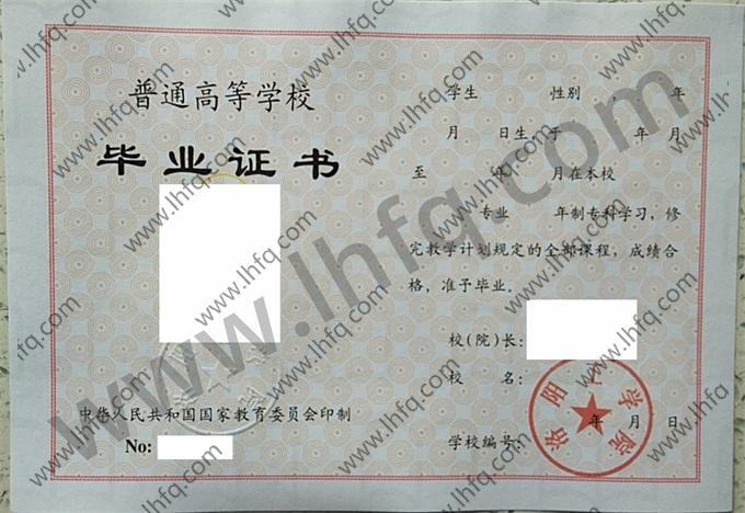 洛阳工学院1996年统招专科毕业证模板（手写）
