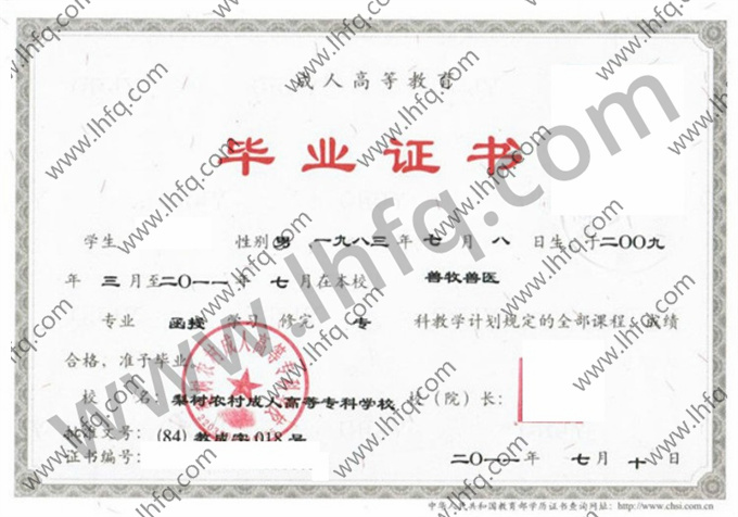 梨树农村成人高等专科学校毕业证样本