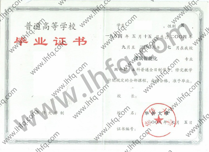 华侨大学2008年统招本科毕业证模板（建筑智能化）