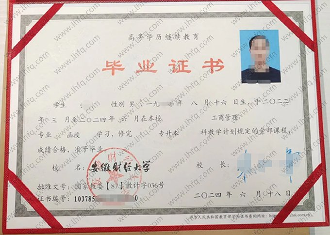 安徽财经大学2024年成人高等教育函授专升本科毕业证书样本图片（工商管理）