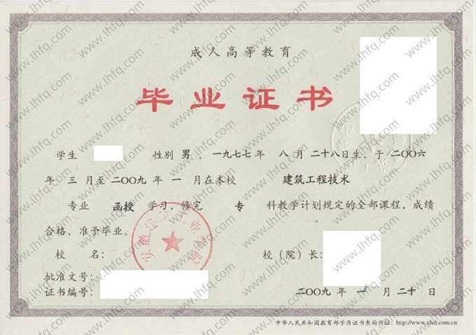 安徽建筑工业学院2009年成人高等教育函授专科毕业证书样本图片（建筑工程技术）