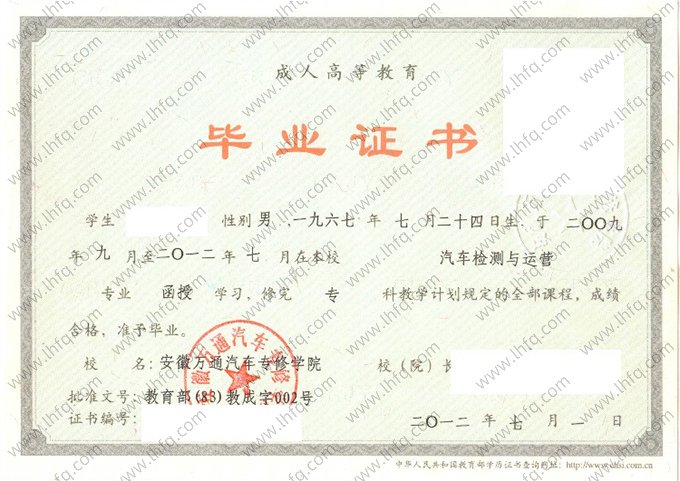 安徽万通汽车专修学院毕业证样本图片