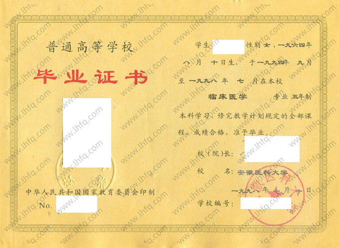 安徽医科大学1998年普通全日制本科毕业证书样本图片（临床医学）