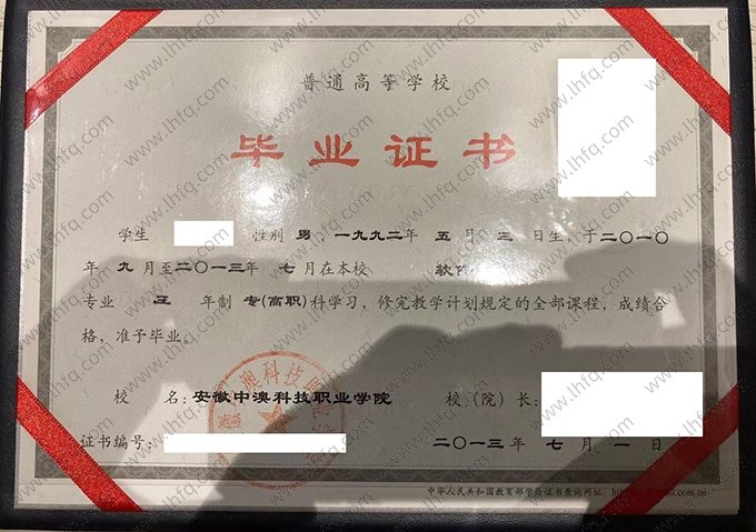 安徽中澳科技职业学院2013年普通全日制专高职科毕业证书样本图片（软件技术）
