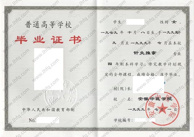 安徽中医学院1999年普通全日制本科毕业证书样本图片（针灸推拿）