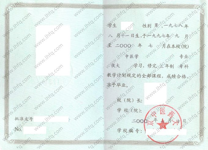 北京中医药大学2000年成人高等教育夜大专科毕业证书样本图片（中医学）