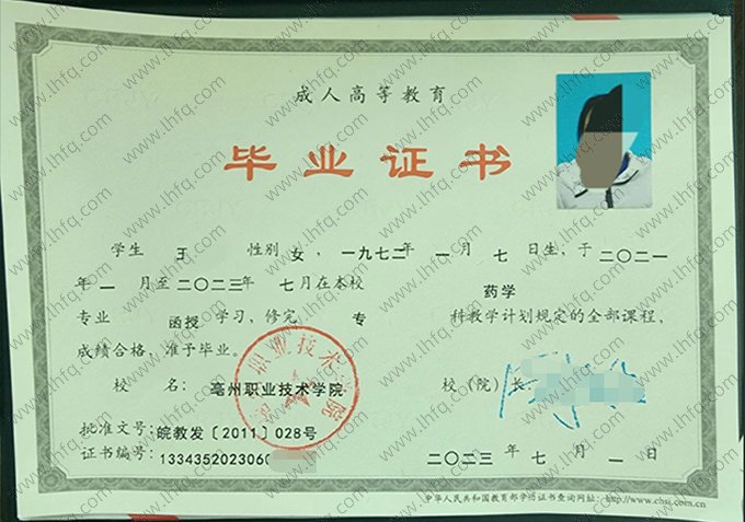 亳州职业技术学院2023年成人高等教育函授专科毕业证书样本图片（药学）