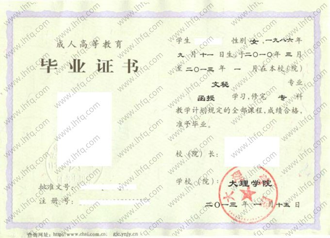 大理学院毕业证样本图片