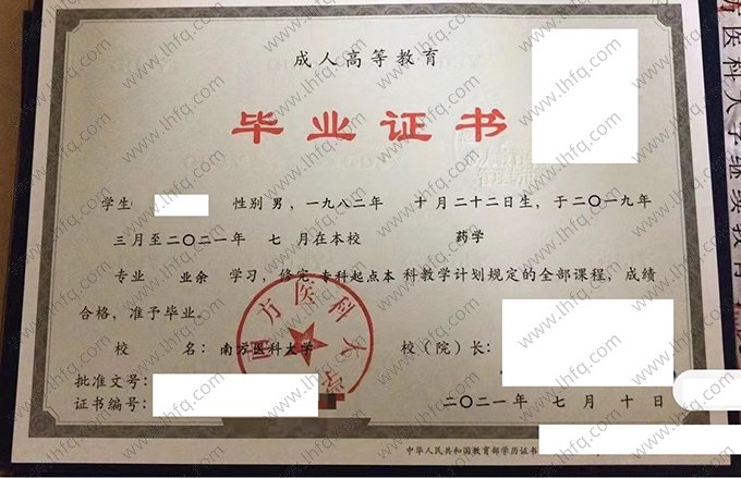 南方医科大学2021年成人高等教育业余专科起点本科毕业证书样本图片（药学）