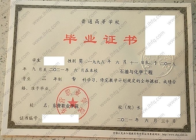 东营职业学院2021年普通全日制专科毕业证书样本图片（石油与化学工程）