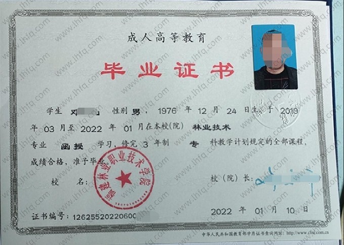 福建林业职业技术学院2022年函授专科毕业证书样本图片（林业技术）