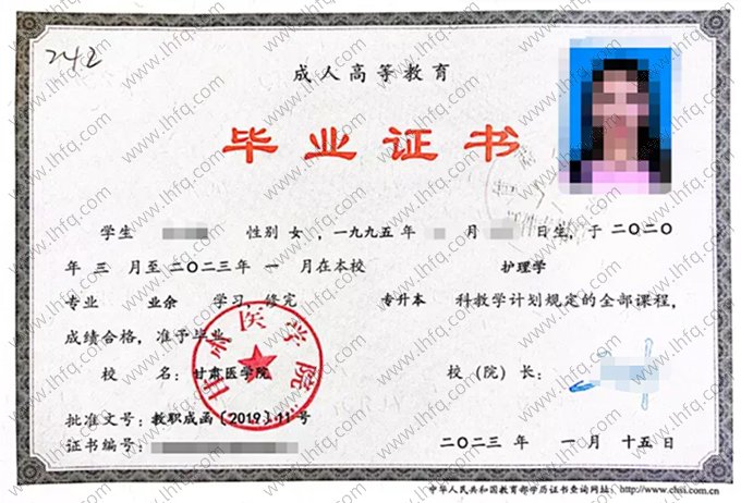 甘肃医学院2023年业余专升本科毕业证书样本图片（护理学）