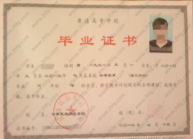 甘肃民族师范学院2013年普通全日制专科毕业证书样本图片（初等教育（语文方向））