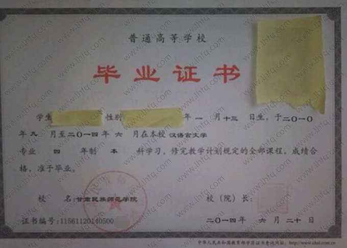 甘肃民族师范学院毕业证样本图片