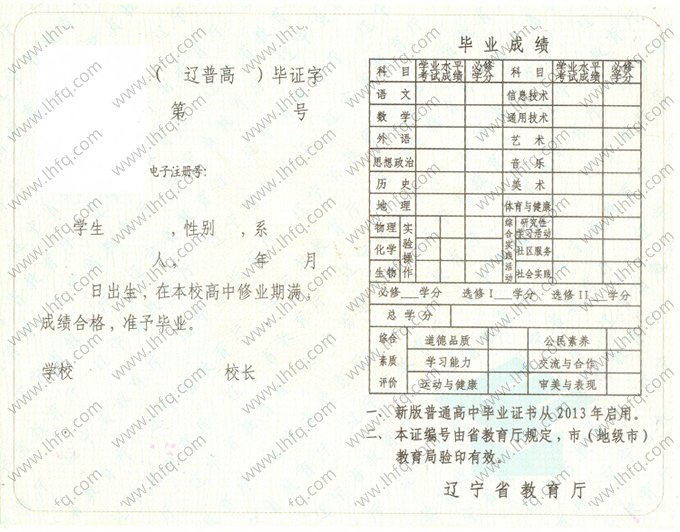 辽宁省高中毕业证书空白资料样本图片样式五