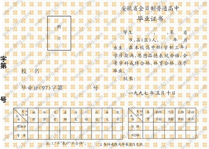1997年安徽省高中毕业证书空白资料样本图片