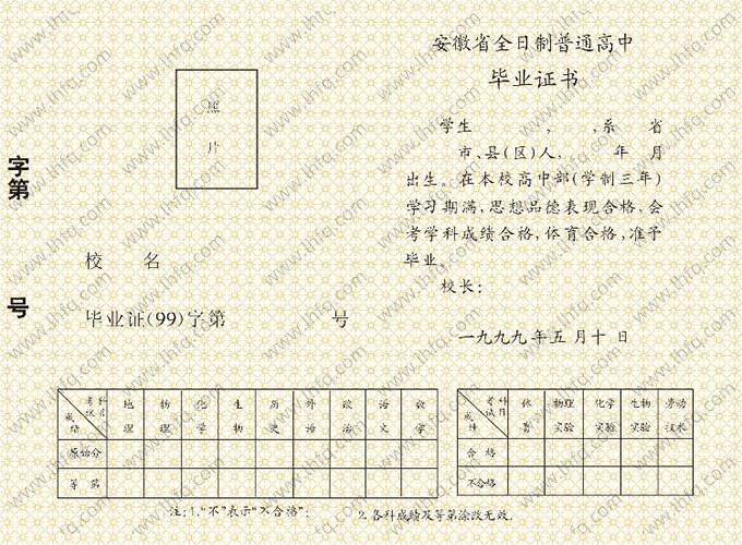 1999年安徽省高中毕业证书空白资料样本图片