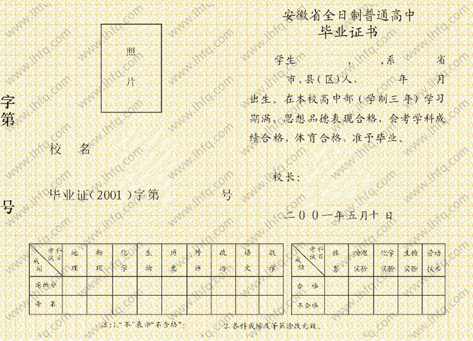 2001年安徽省高中毕业证书空白资料样本图片