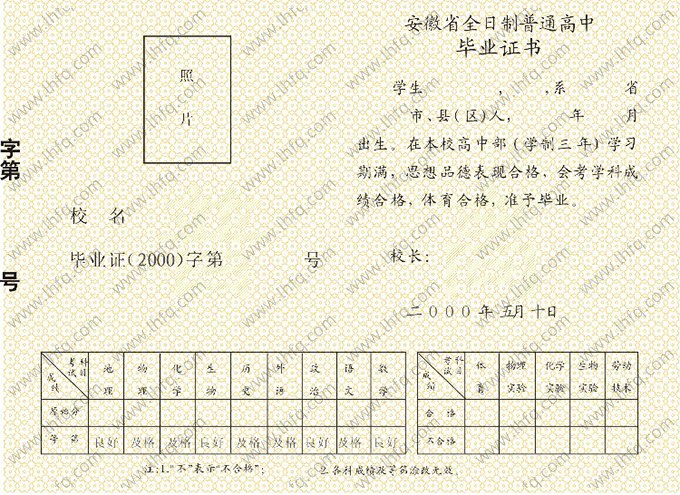 2000年安徽省高中毕业证书空白资料样本图片