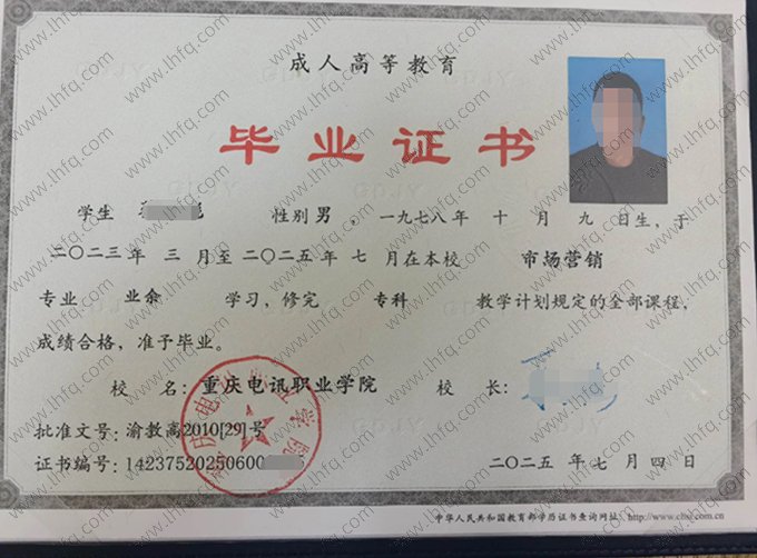 重庆电讯职业学院2025年业余专科毕业证书样本图片（市场营销）