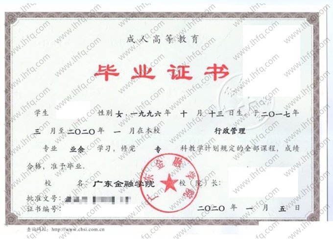 广东金融学院2020年业余专科毕业证书样本图片（行政管理）