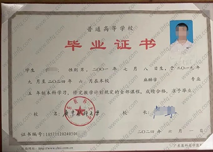 广东医科大学2024年普通全日制本科毕业证书样本图片（麻醉学）