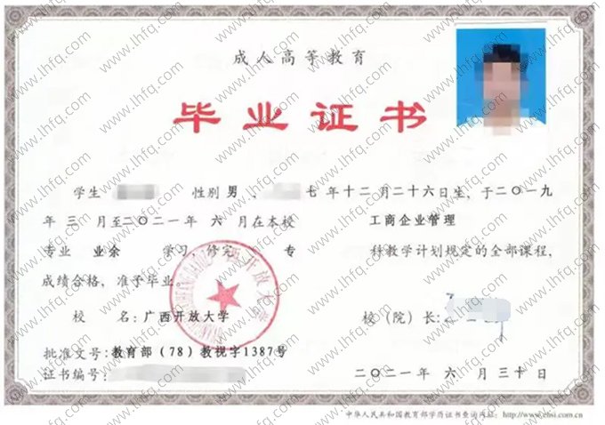 广西开放大学2021年业余专科毕业证书样本图片（工商企业管理）