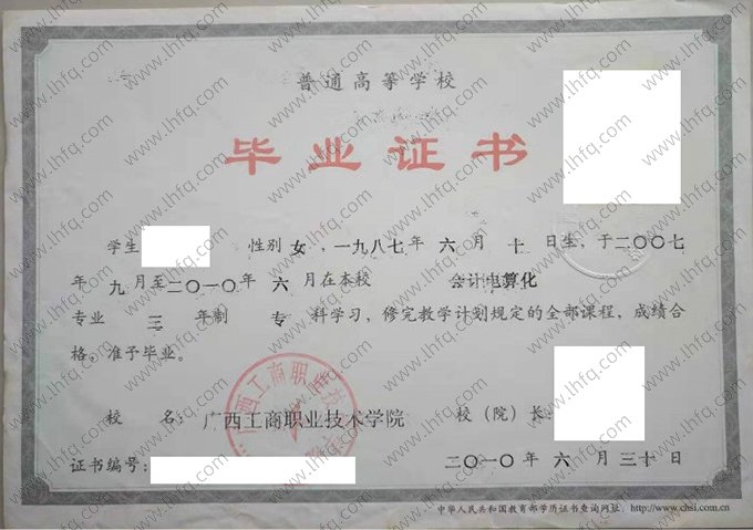 广西工商职业技术学院2010年普通全日制专科毕业证书样本图片（会计电算化）