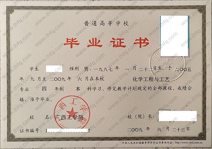 广西工学院2009年普通全日制本科毕业证书样本图片（化学工程与工艺）
