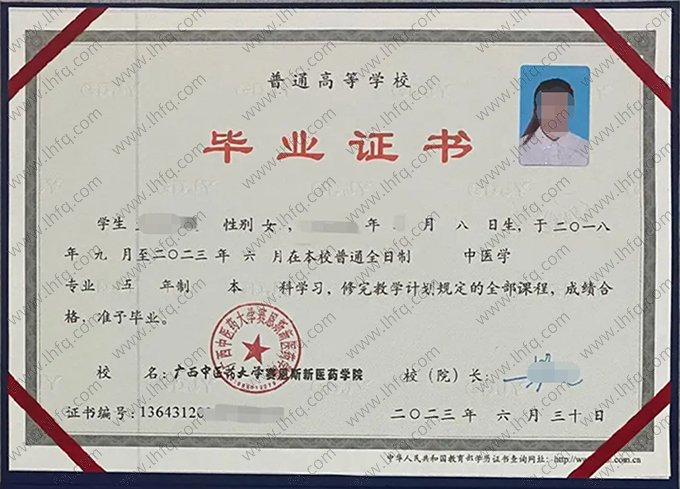 广西中医药大学赛恩斯新医药学院2023年普通全日制本科毕业证书样本图片（中医学）